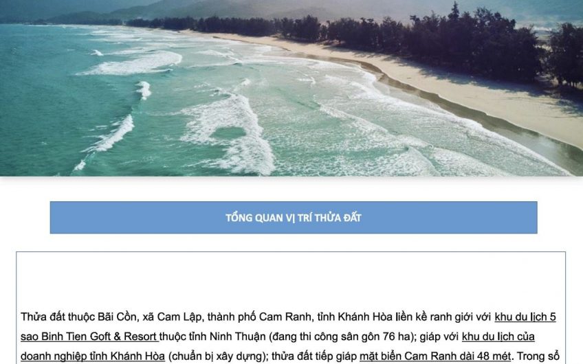 Khánh Hòa | Bán 5500m2 đất mặt biển Bãi Cồn, Xã Cam Lập, Cam Ranh - 14tr/m2